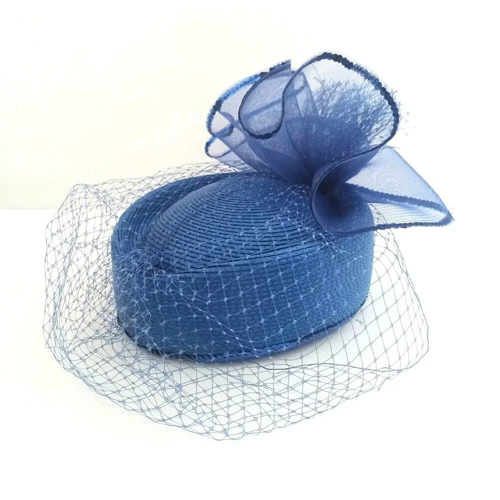 NEW Royal Blue Straw Pillbox Hat Tulle Sequins Netting Church Party Wedding